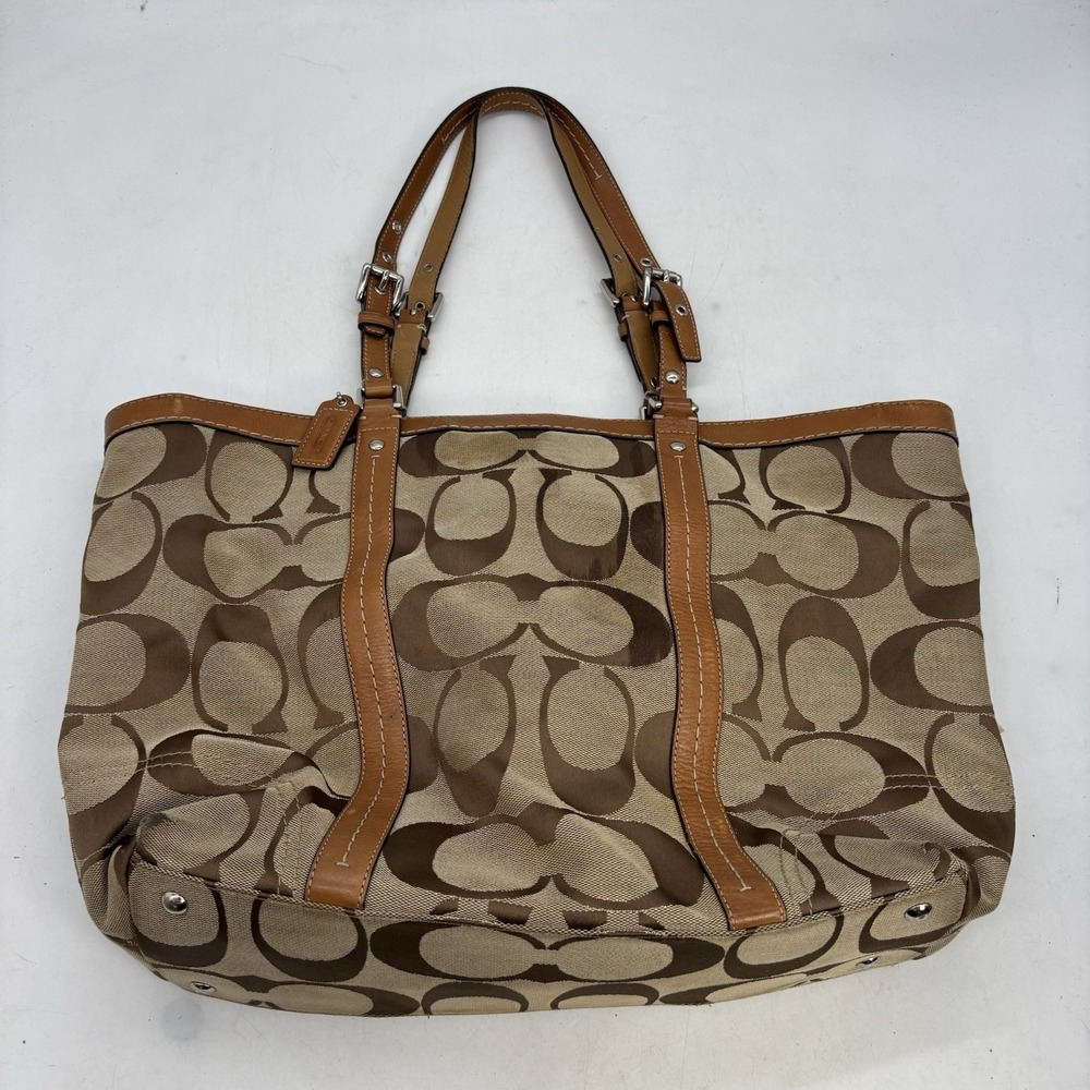 Coach Signature Logo Tote Bag L0817-F13097 Khaki Tan Leather Trim Purple Lining